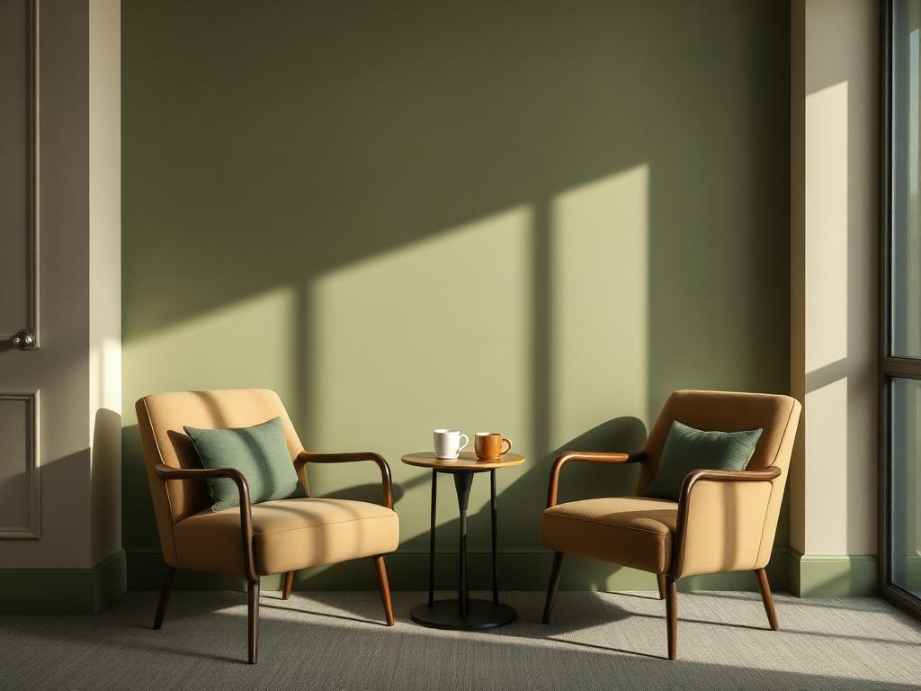Two armchairs and a small table in a calm meeting space