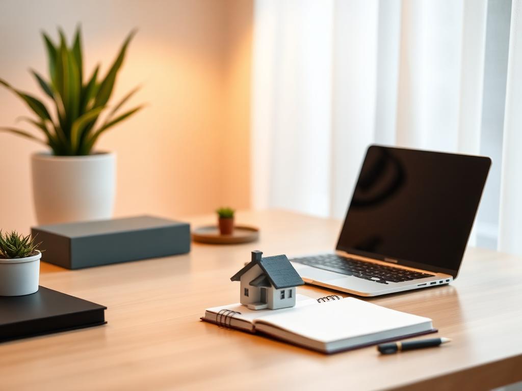 Desk with laptop, notebook and a small model house